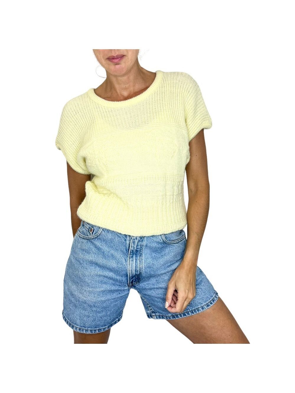 Vintage 80s 90s pale yellow dolman sleeve jacquard knit retro sweater M
